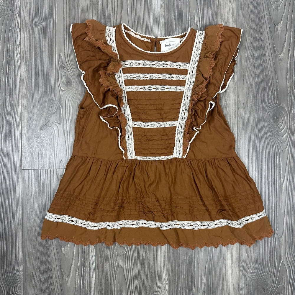 bohme Brown Boho Peasant Top‎ with Ruffle and Lace Details - SIZE S Cottagecore